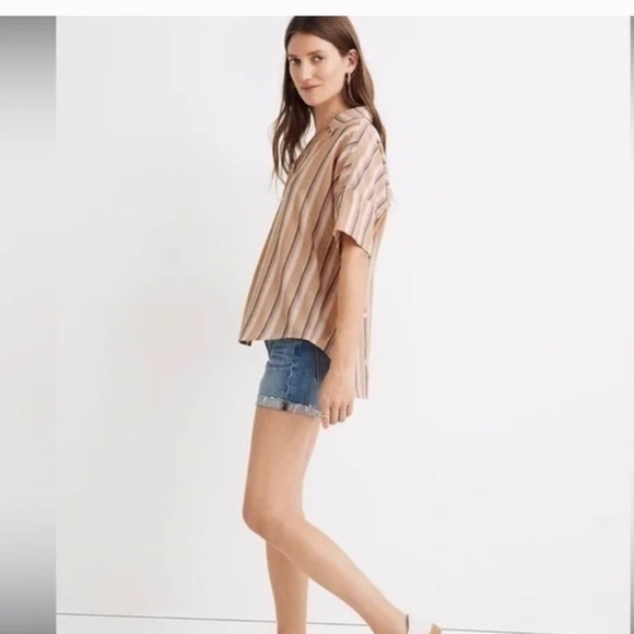 MADEWELL Courier Button-Back Short Sleeve Shirt in Rainbow Stripe Size XS - Picture 3 of 8